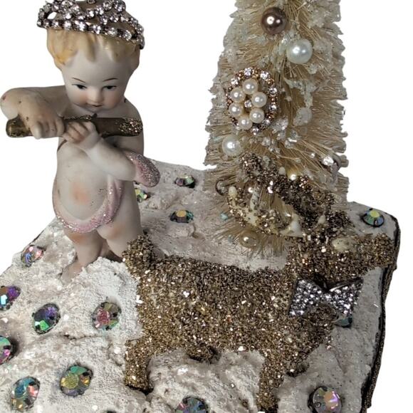 Handmade Christmas Assemblage on Wooden Box Bottlebrush Tree Deer Cherub - Picture 9 of 11